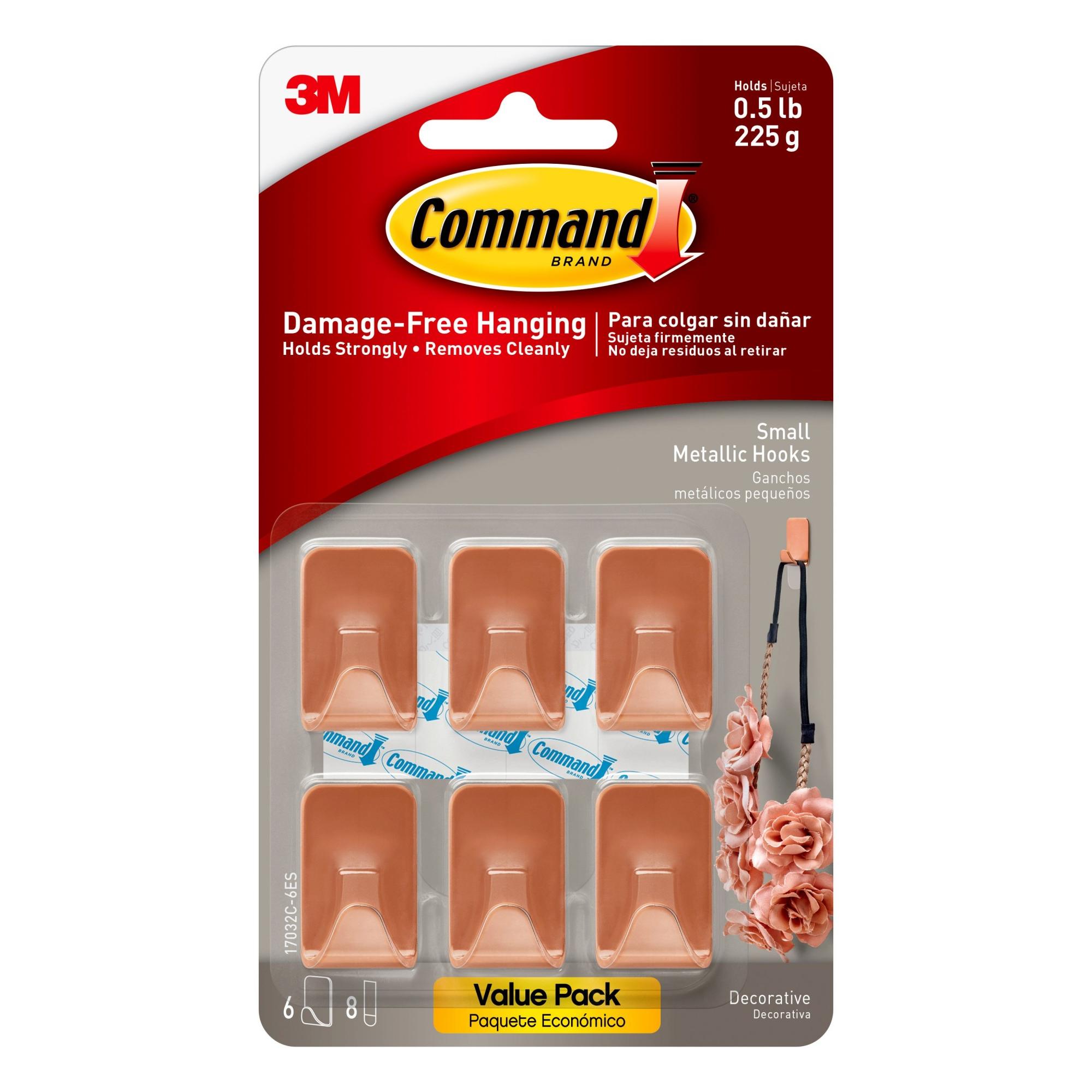 Command Small Metallic Hooks, Copper Color, 6 Hooks, 8 Strips (Holds 0.