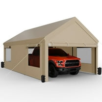 Walsunny 12x20 ft Carport with 4 Sandbags Heavy Duty Canopy with Roll-up Windows Portable Garage with Removable Sidewalls & Doors Car Canopy Khaki