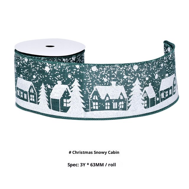 Christmas Wired Ribbon,with Christmas Snowy Cottage Ribbon 6.3cm x 3 Yards for Gift Wrapping, Christmas, Wedding Decorations