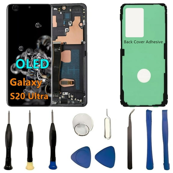 OLED Galaxy S20 Ultra LCD Screen Replacement for Samsung Galaxy S20 Ultra 5G Display Touch Screen Digitizer SM-G988U SM-G988U1 Support Fingerprint (with Black Frame Back Cover Adhesive Tools)
