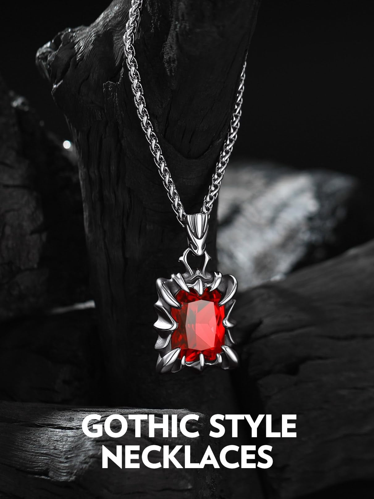 Bandmax Gothic Stainless Steel Necklaces for Men Women Dragon Claw Pendant Ruby Stone Vintage Goth Punk Necklace for Gift