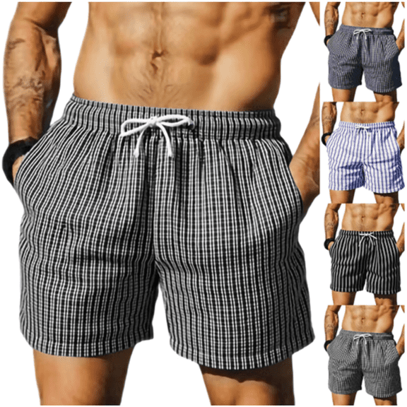 Jinhomg Mens Summer Striped Shorts Casual Comfy 5" Shorts Elastic Waist Drawstring Shorts Baggy Beach Vacation with Pockets Dark Blue,S