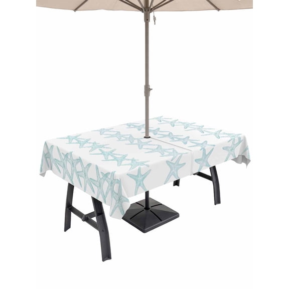 Outdoor Tablecloth with Umbrella Hole for Patio/Picnic/Party/Camping, Light Blue Starfish Coastal Waterproof Table Cloth Rectangle Table Cover Washable, Nautical Summer Ocean Modern (60"x 84")