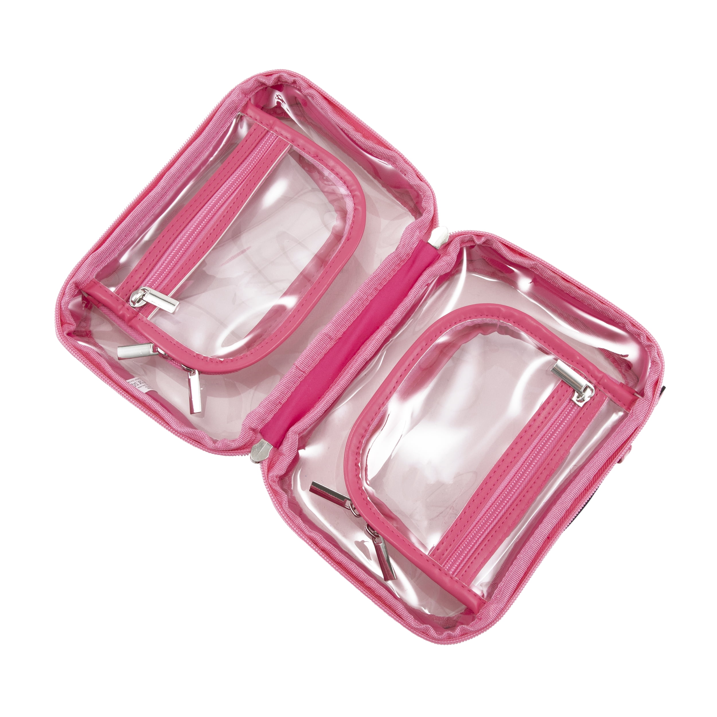 Fusion Brand Double Layer Makeup Bag, Clear and Pink.   4 Zipper Compartments and Handle. 8.6" Long.