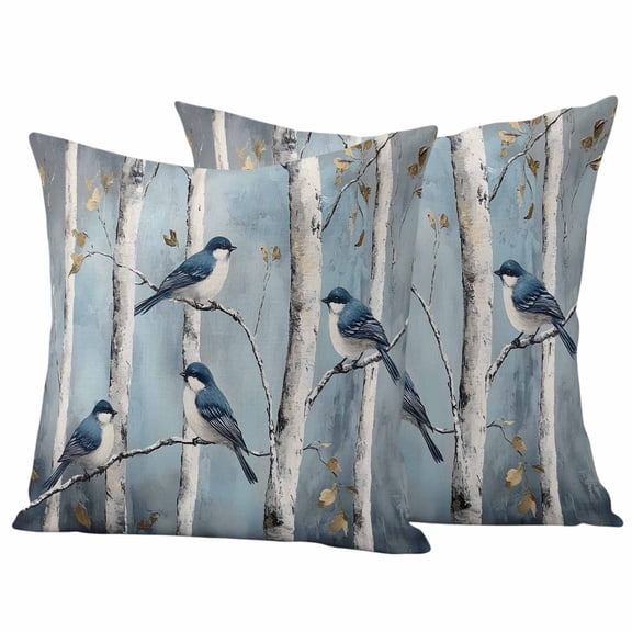 Teal Forest Birds Outdoor Waterproof Pillow Covers, Modern Oil Painting Art Decorative Square Throw Pillowcase Sofa Cushion Sham for Patio/Couch/Chair, 18"x18" 2 Pack
