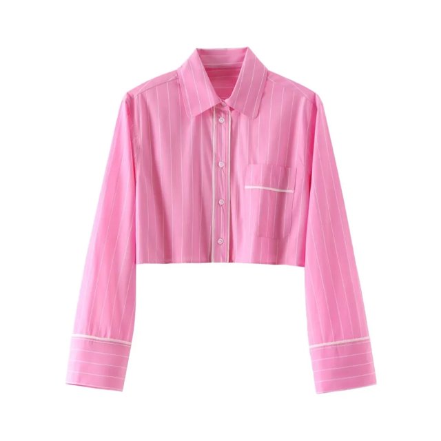 TRAFZA Women Sweet Pink Stripe Blouse Pant Sets Button Long Sleeve Cropped Shirt Patchwork Drawstring Straight Trousers TRAF