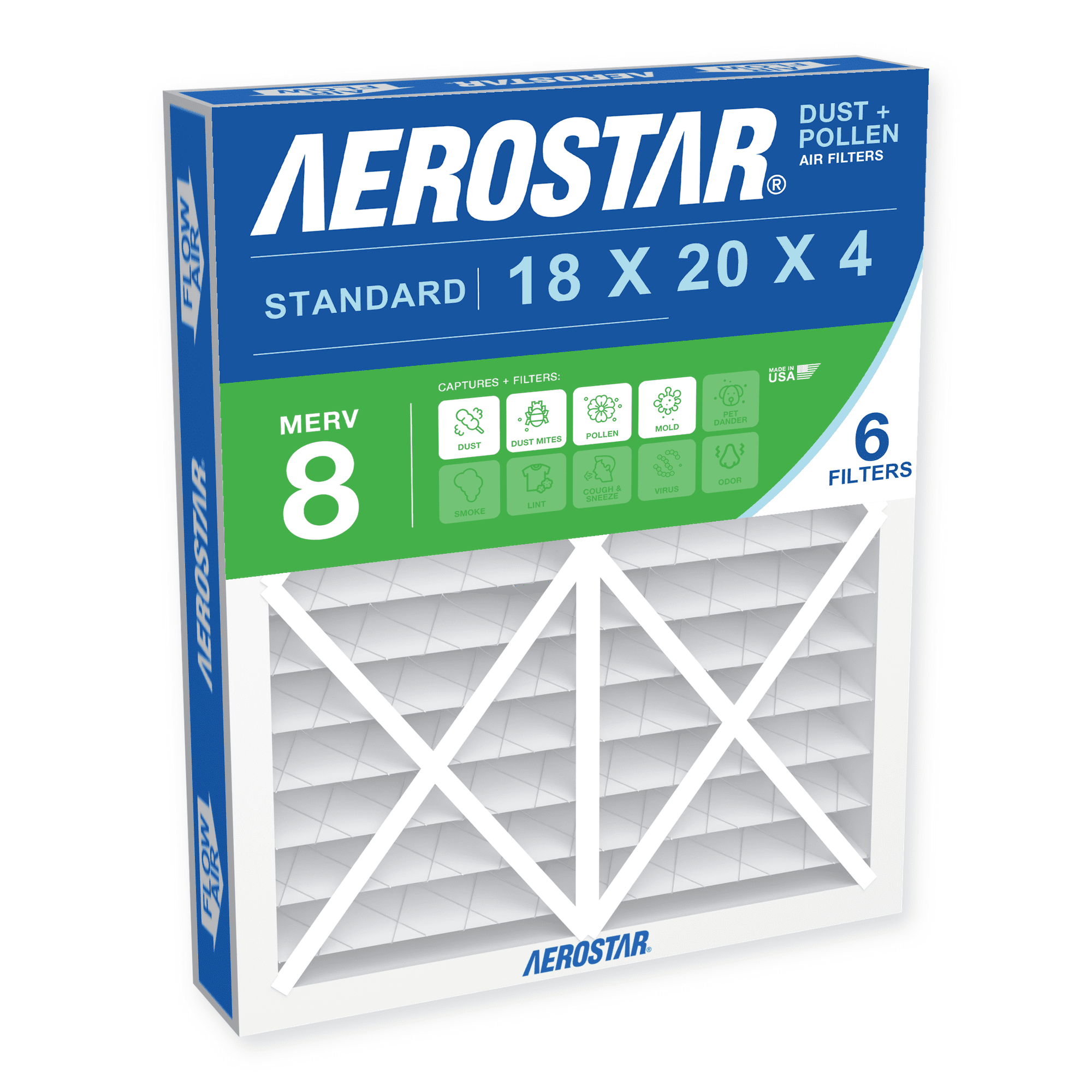 Aerostar 18x20x4 MERV 8 Air Filter Pleated AC Furnace HVAC Dust Pollen Pet Dander 6 Pack