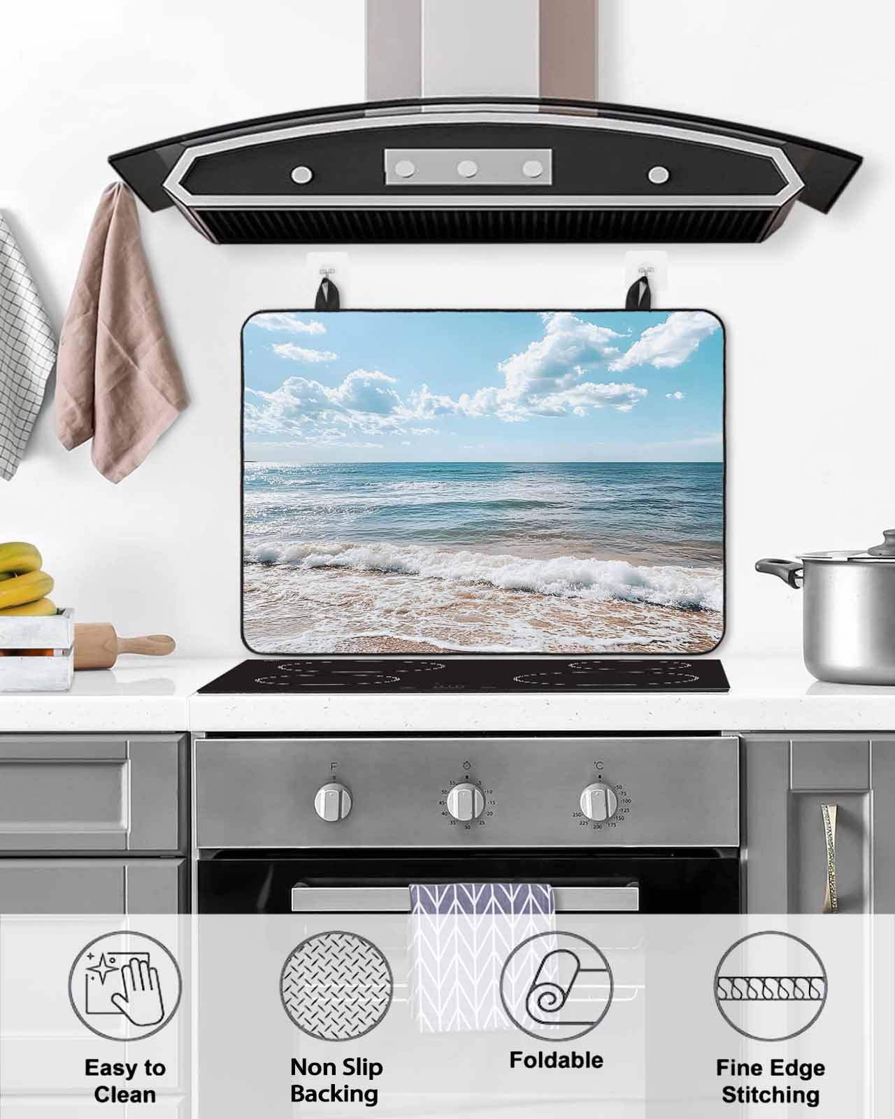 nqOlkjepod Large Induction Cooktop Protector Mat 36"x21", Ocean Stove Top Covers for Electric Stove, Summer Sandy Beach Blue Sky Coastal Waves Stove Burner Cover Mats, Glass Top Stove Cover