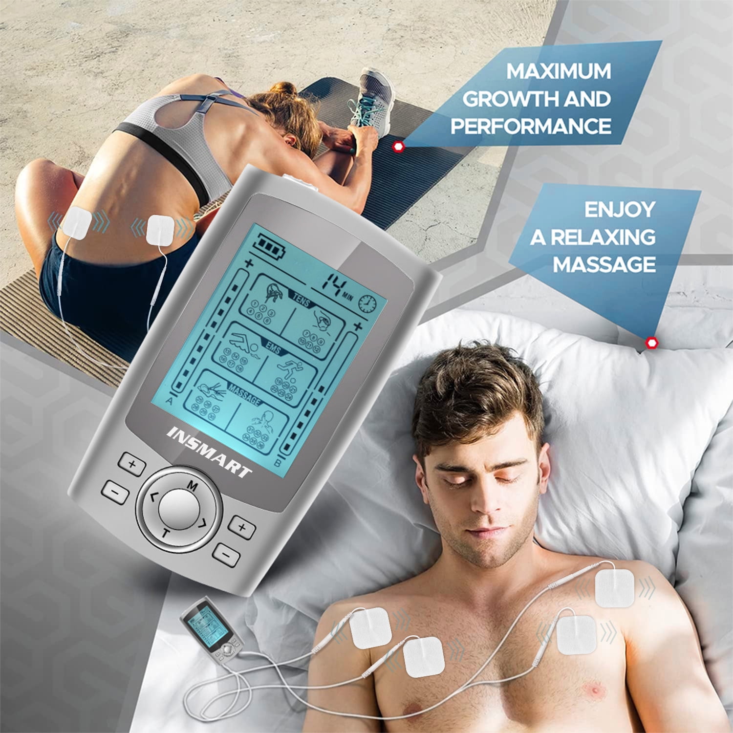 INSMART TENS Unit Rechargeable Muscle Stimulator EMS Dual Channel with 10 Reusable Electrode Pads 36 Modes for Back Neck Pain Muscle Therapy Pain Management Pulse Massager (Escalate)