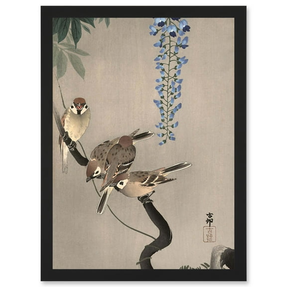 Nature Sparrow Bird Flower Shoson Ohara Japanese A4 Artwork Framed Wall Art Print