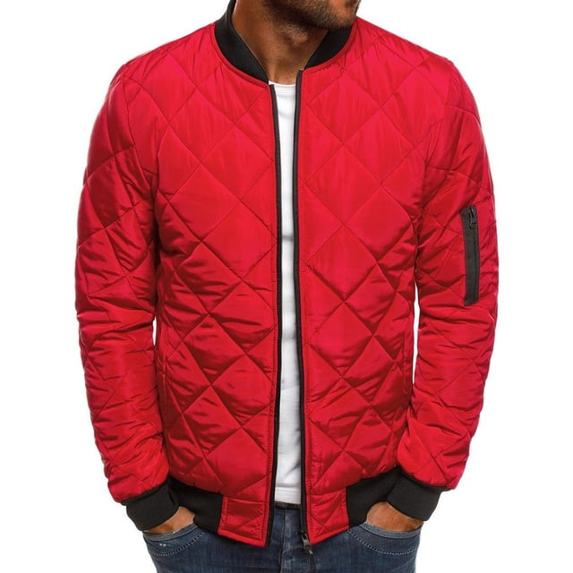 Mefallenssiah Winter Jacket for Men Men Solid Casual Stand-Up Collar Zipper Diamond Stitched Pocket Jacket