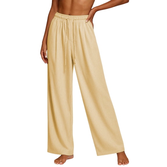 Diufon Drawstring Pants Women Casual Striped Flowy Palazzo Pants Lightweight Wide Leg Loose Trousers for Home & Vacation