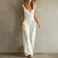 thumbnail image 2 of Morttic Women's Fashion Solid Color Ruffle Strap Wide Leg Jumpsuit – V-Neck Front Zipper Side Pockets Summer Beach One Piece White，XXL, 2 of 6