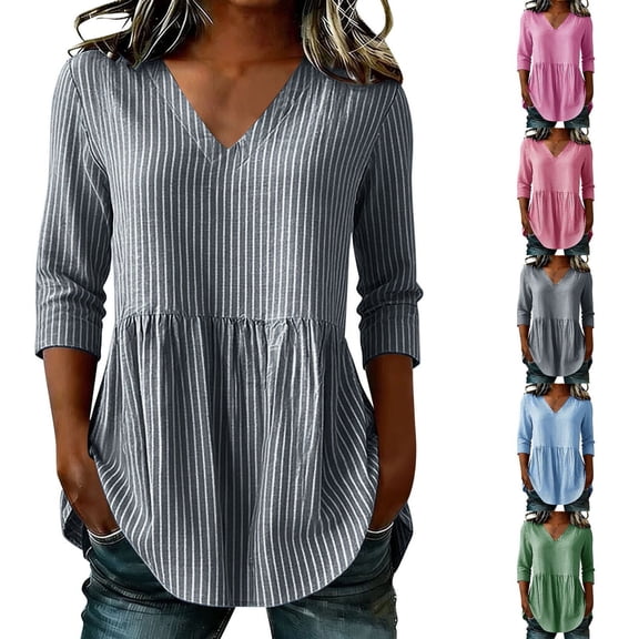 Tbopshirt Womens Blouses Summer Tops for Women Stripe Round Neck Three Quarter Sleeve 3/4 Sleeve T-shirt Loose,Black