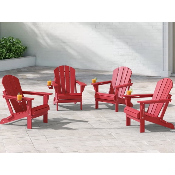 Adirondack Chairs Set of 4, Folding HDPE Fire Pit Garden Lawn Chairs, Red