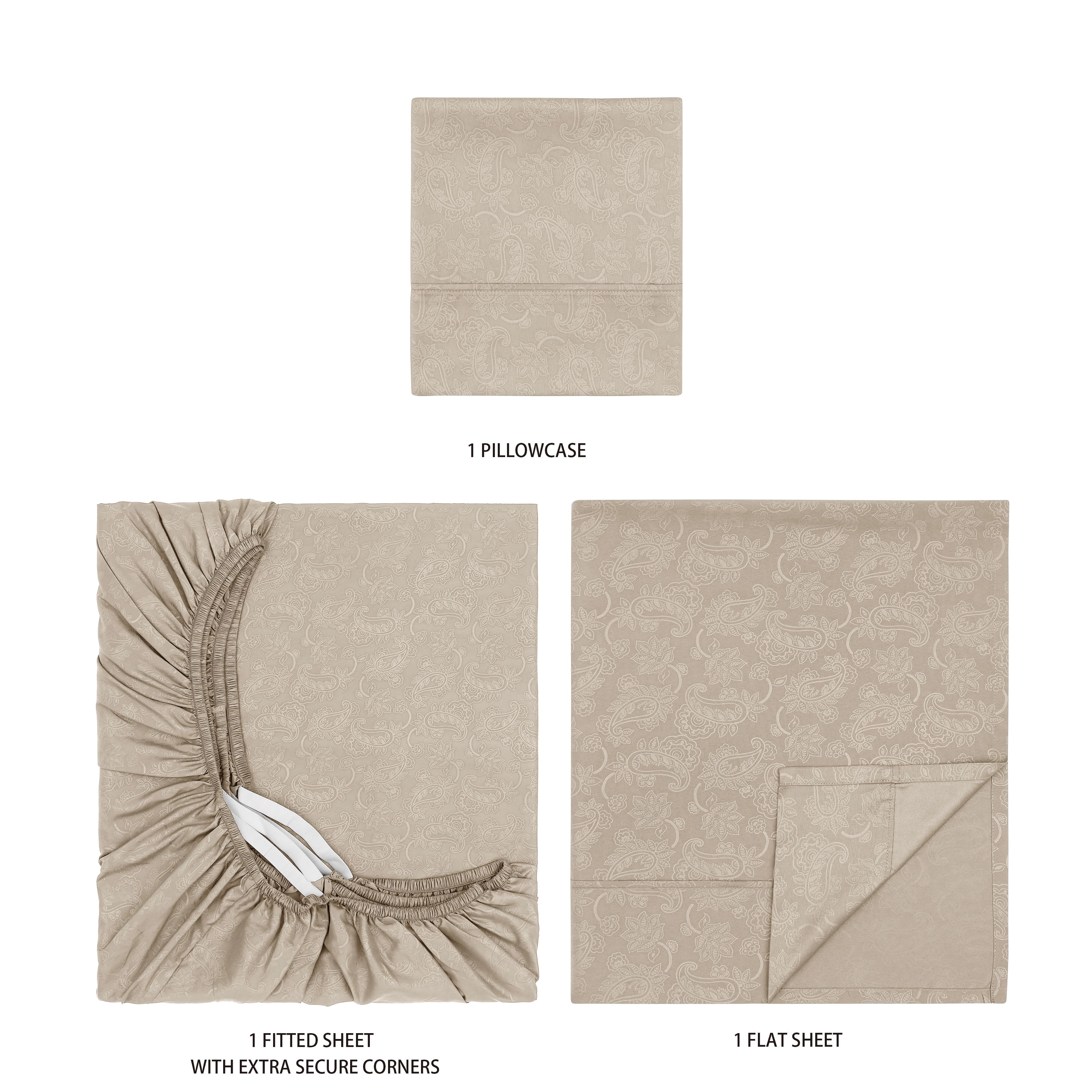 Mainstays Super Soft Brushed Microfiber Bed Sheet Set, Washed Tan Embossed Hayden Paisley, Twin-XL, 3 Piece