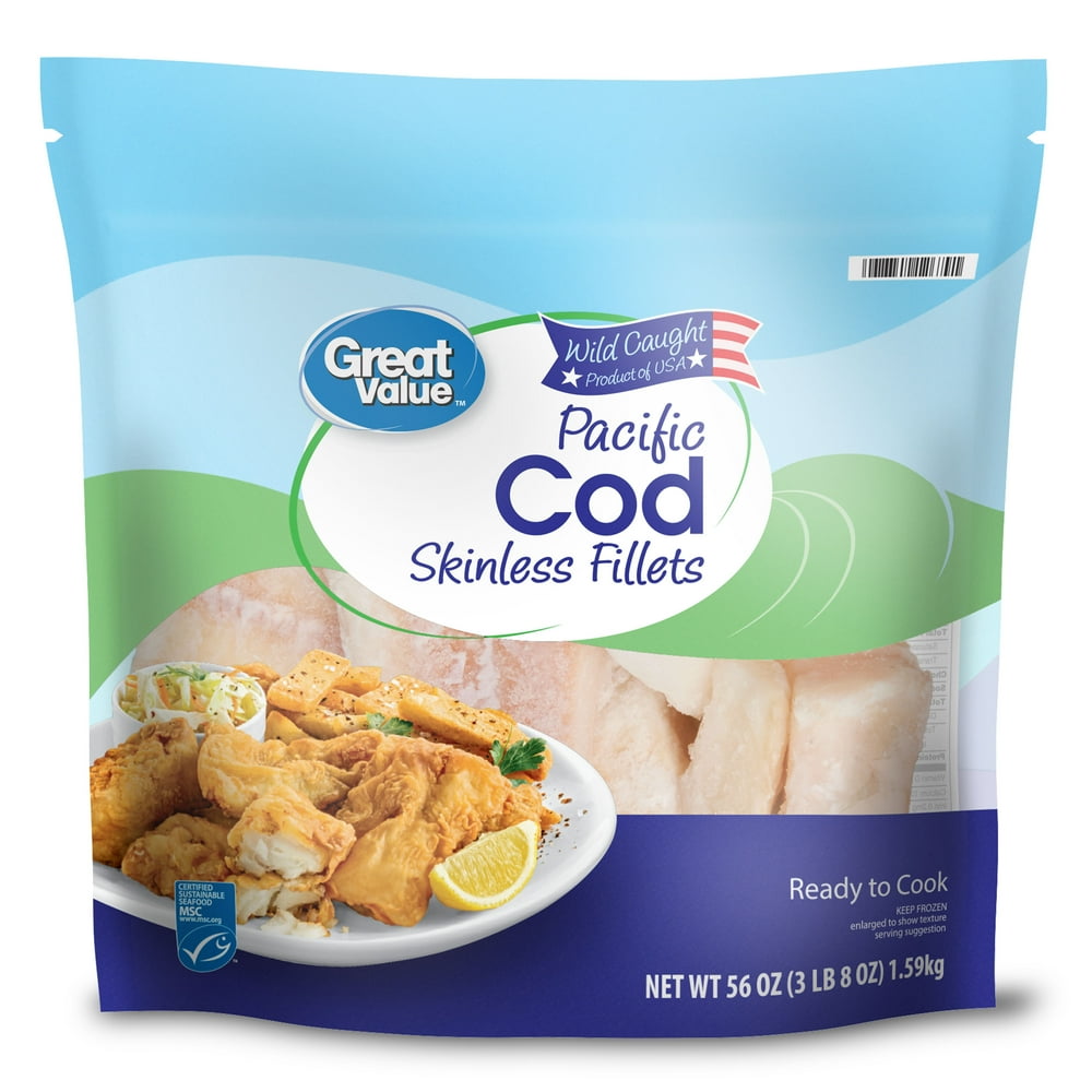 Great Value Wild Caught Pacific Cod Boneless and Skinless Fillets, 3 lb