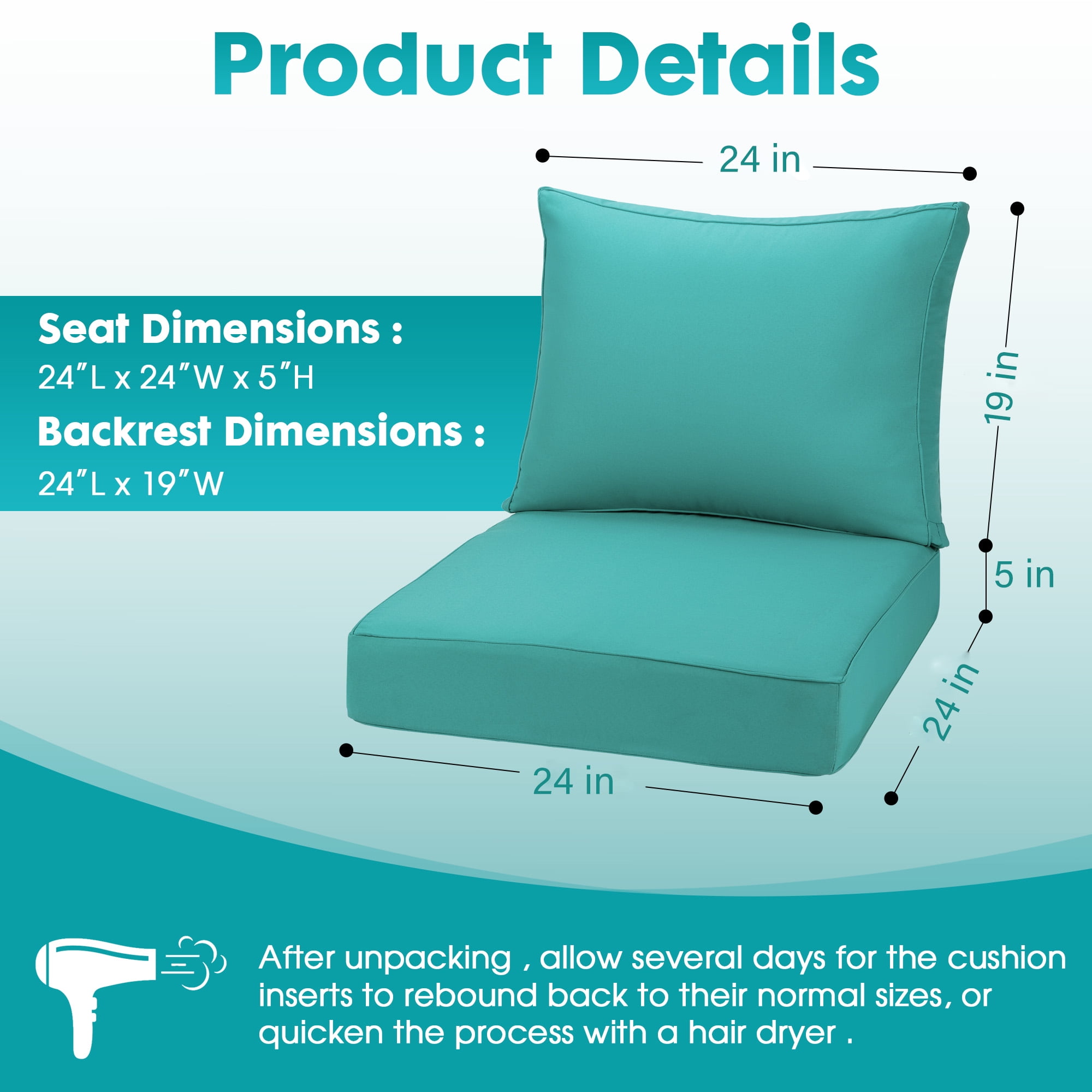 Outdoor Deep Seating Cushion Set, 24" x 24", Waterproof & Fade Resistant Patio Furniture Cushions with Handle, Deep Seat and Back Cushion for Chair and Sofa (1, Green)