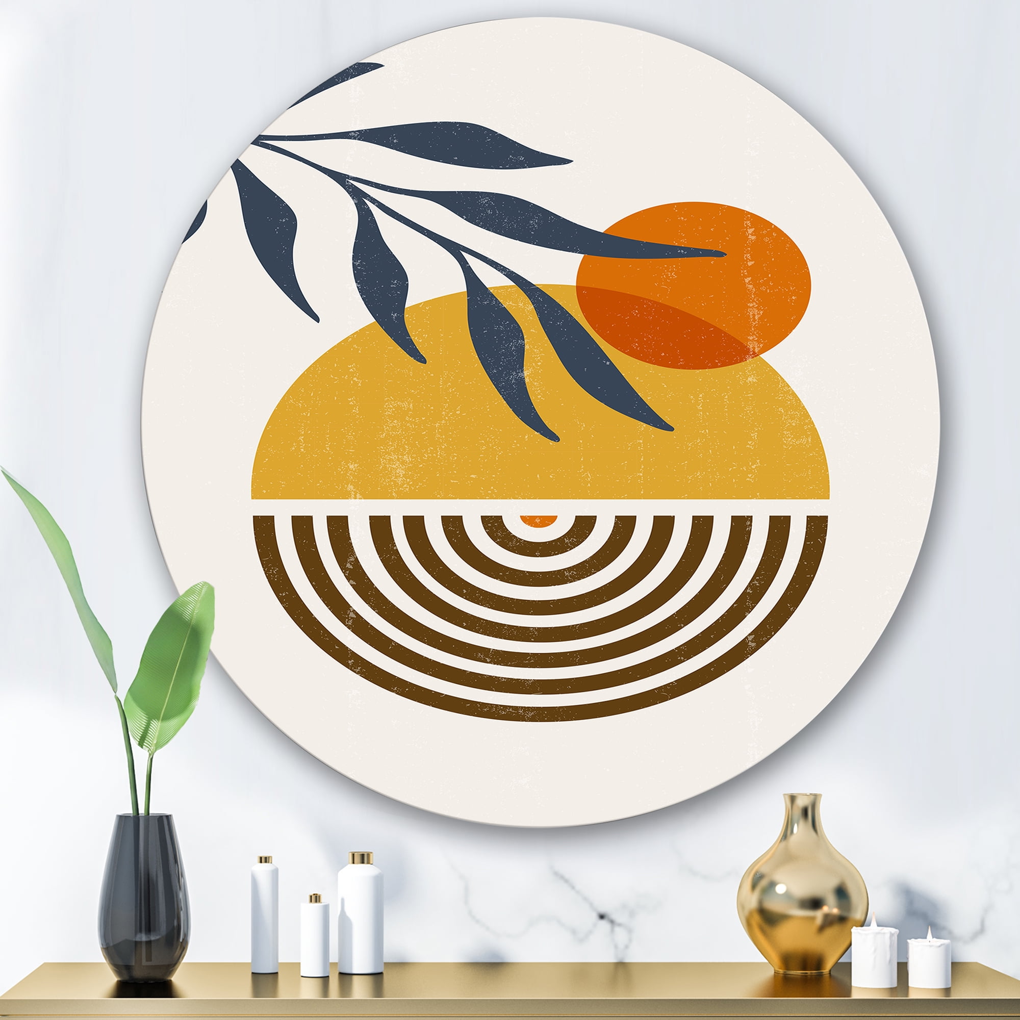 Designart 'Abstract Shapes With Botanical Minimalist Leaf IV' Modern Circle Metal Wall Art 36x36 - Disc of 36