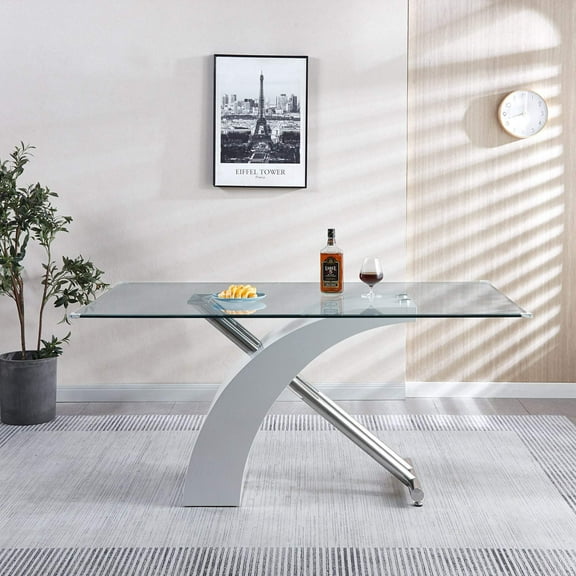 Rectangular Glass Top Dining Table, Modern Design Rectangular Room Table For Home (Black or White)