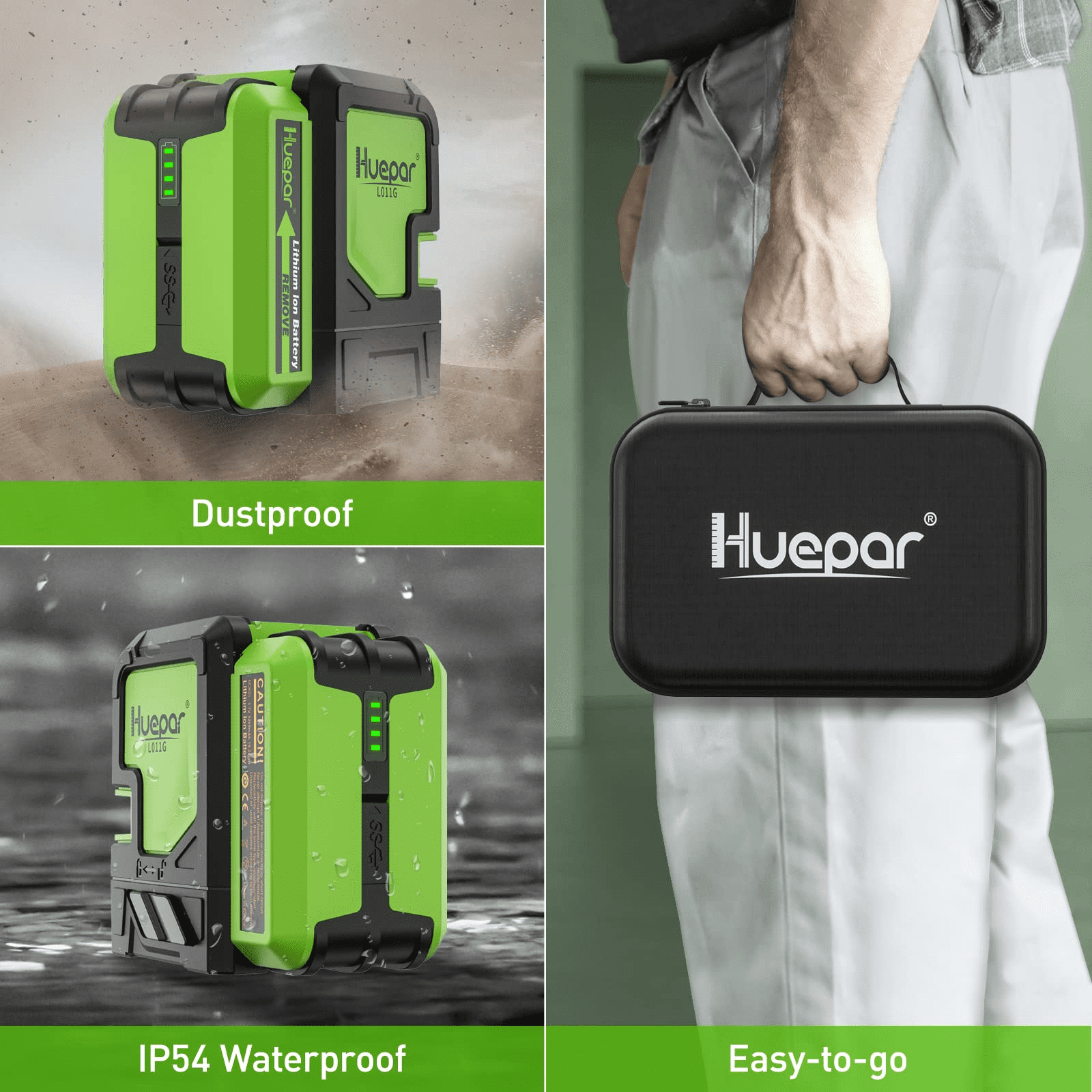 Huepar Green Beam Cross Line Laser Level Outdoor Self Leveling Laser Level Tools with 5200mAh Li-ion Battery
