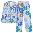 thumbnail image 2 of Ladies Pajama Set Floral Printed Long Sleeve Button Up Shirt with Full-Length Pjs Bottom Outfits 2 Piece (XL, Blue), 2 of 5