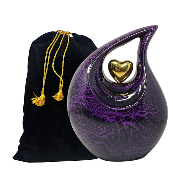 Teardrop Shape Cremation Urn for Human Ashes – 10.5" Purple & Black Memorial Urn with Gold Heart, Decorative Funeral Urn for Adult Ashes, Elegant Keepsake Memorial Urn for Home or Funeral Service
