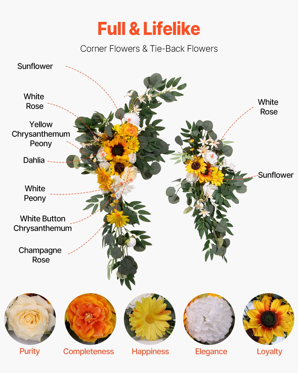 VEVOR Artificial Wedding Arch Flowers Kit, Yellow Wedding Arch Flowers with Drapes Kit (Pack of 3) - 2 Pcs Floral Arrangement, 1 Pcs Sheer Drapes, for Ceremony Bouquets Reception Backdrop Decoration