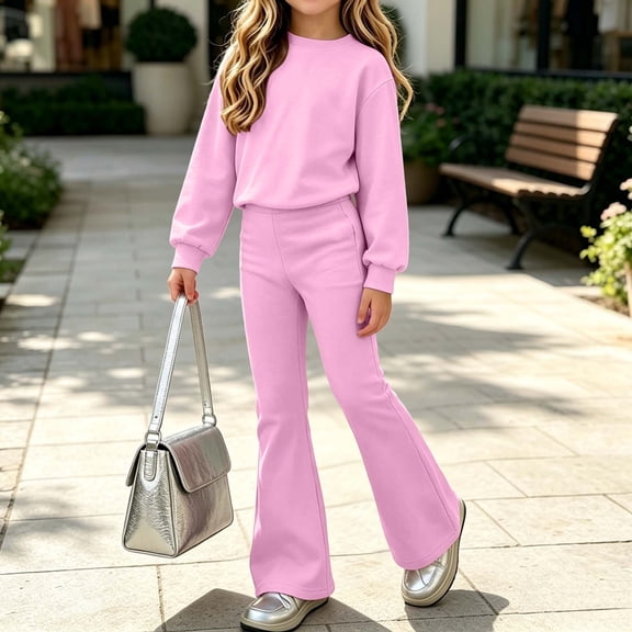 FSYBOA Girls Outfit Set Size 14-16, Casual 2 Piece Fashion Crew Neck Tops and Pants Pink