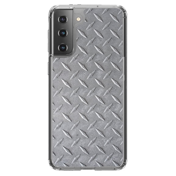 DistinctInk Clear Shockproof Hybrid Case for Galaxy S21  PLUS 5G (6.7" Screen) - TPU Bumper, Acrylic Back, Tempered Glass Screen Protector - Grey Diamond Plate Steel Image Print Faux Diamond Plate