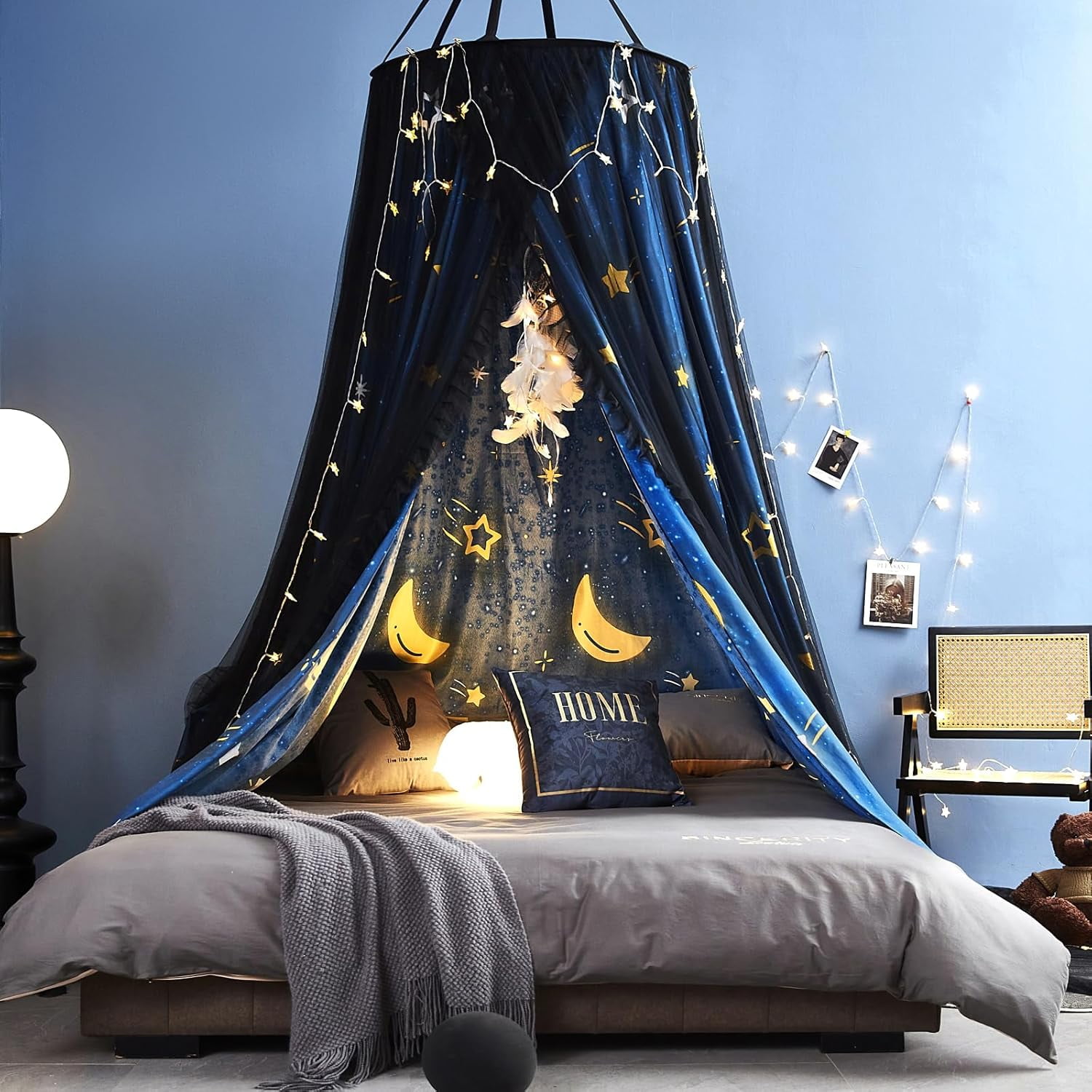 Gorgeous Star Printed Bed Canopy for Girls & Adults, Room Decorative Cozy Bed Curtain Canopy Drapes, Round Dome Luxurious Lace Princess Canopies Mosquito Netting (Star)