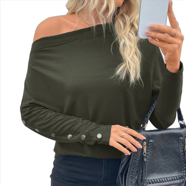 Camisetas de Mujer con Hombros Descubiertos, Camisetas Oversize de Larga, Camisetas Básicas Informales 2025 Verde Oscuro M