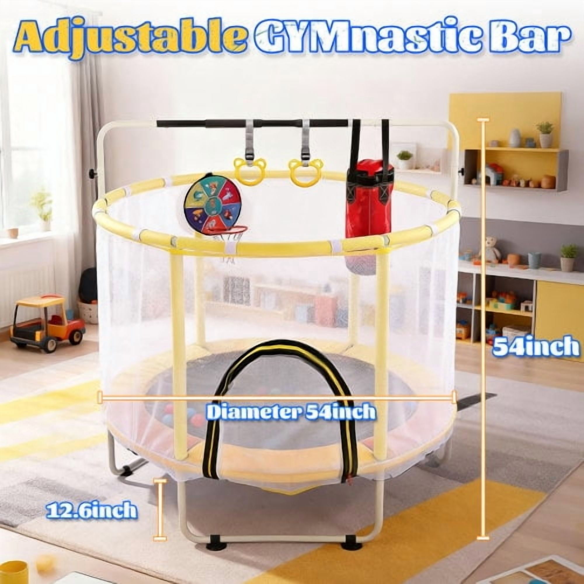 4.5FT Trampoline for Kids with Enclosure, 110lbs Capacity Indoor Toddler Trampoline with Basketball Hoop, Kids Trampoline, Indoor Trampoline, Small Trampolines for Kids, Gifts for Boys, Girls, Yellow