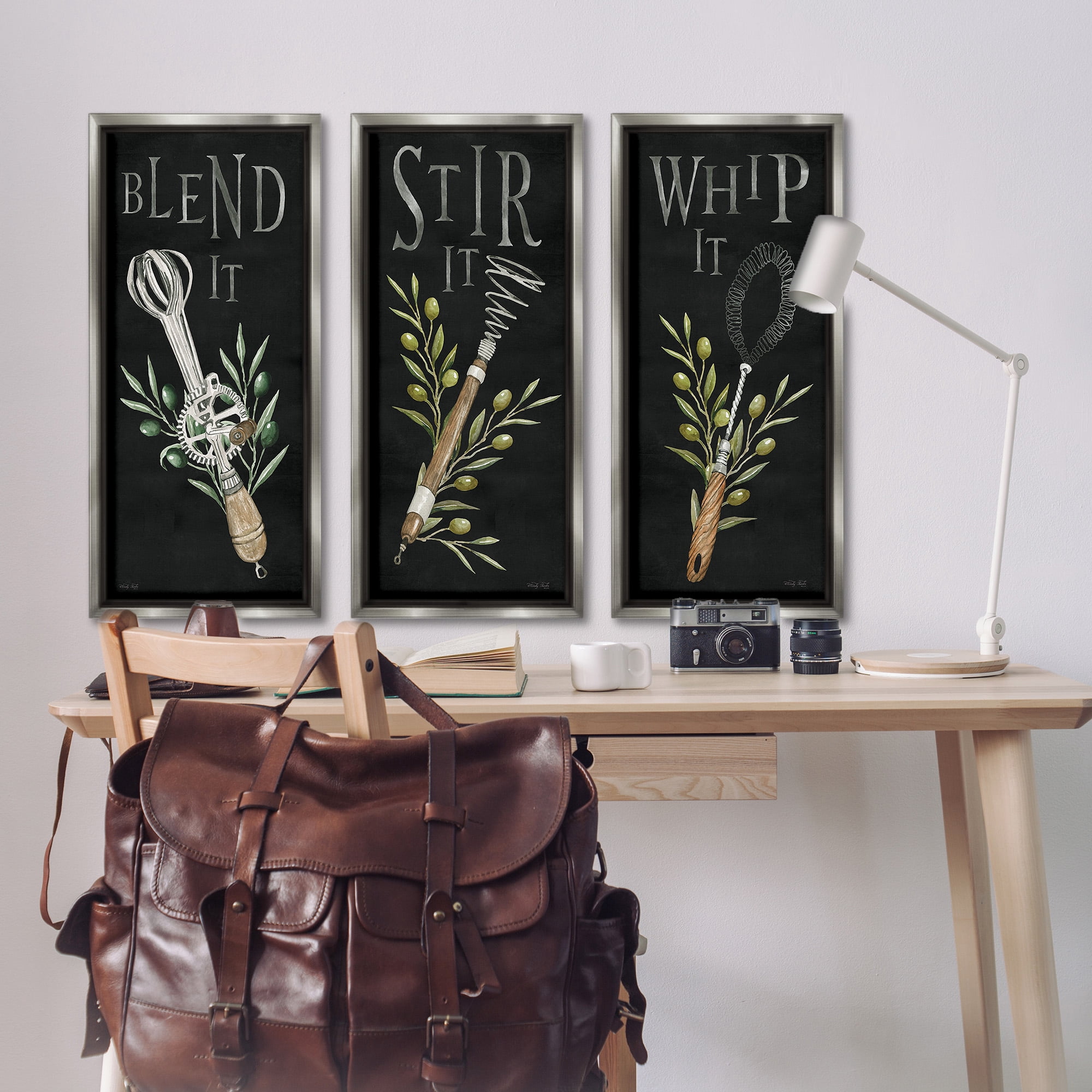 Stupell Industries Kitchen Utensils & Phrases Botanical & Floral Painting Gray Floater Framed Canvas Art Print Wall Art, 14 x 31, Set of 3