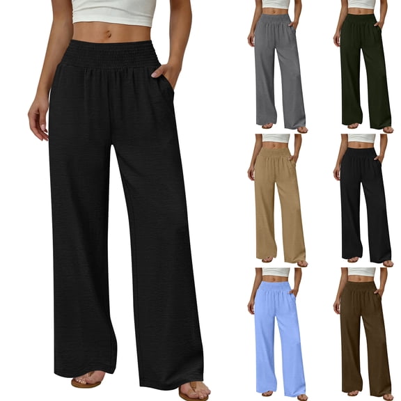 Wide Leg Pants for Woman Dressy Stretchy High Waisted Trousers with Pockets Casual Lounge Pants Brown M