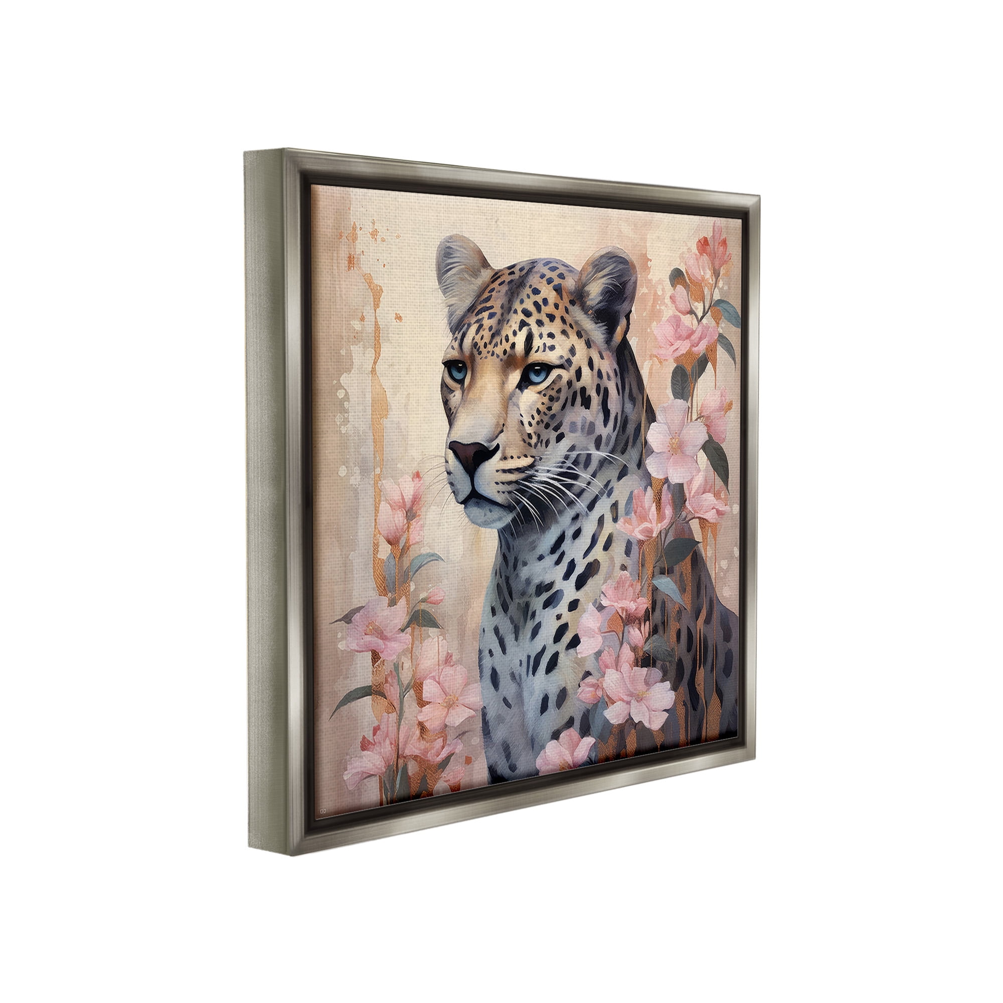 Stupell Industries Leopard with Pink Flowers Animals & Insects Painting Gray Floater Framed Canvas Art Print Wall Art, 18 x 18
