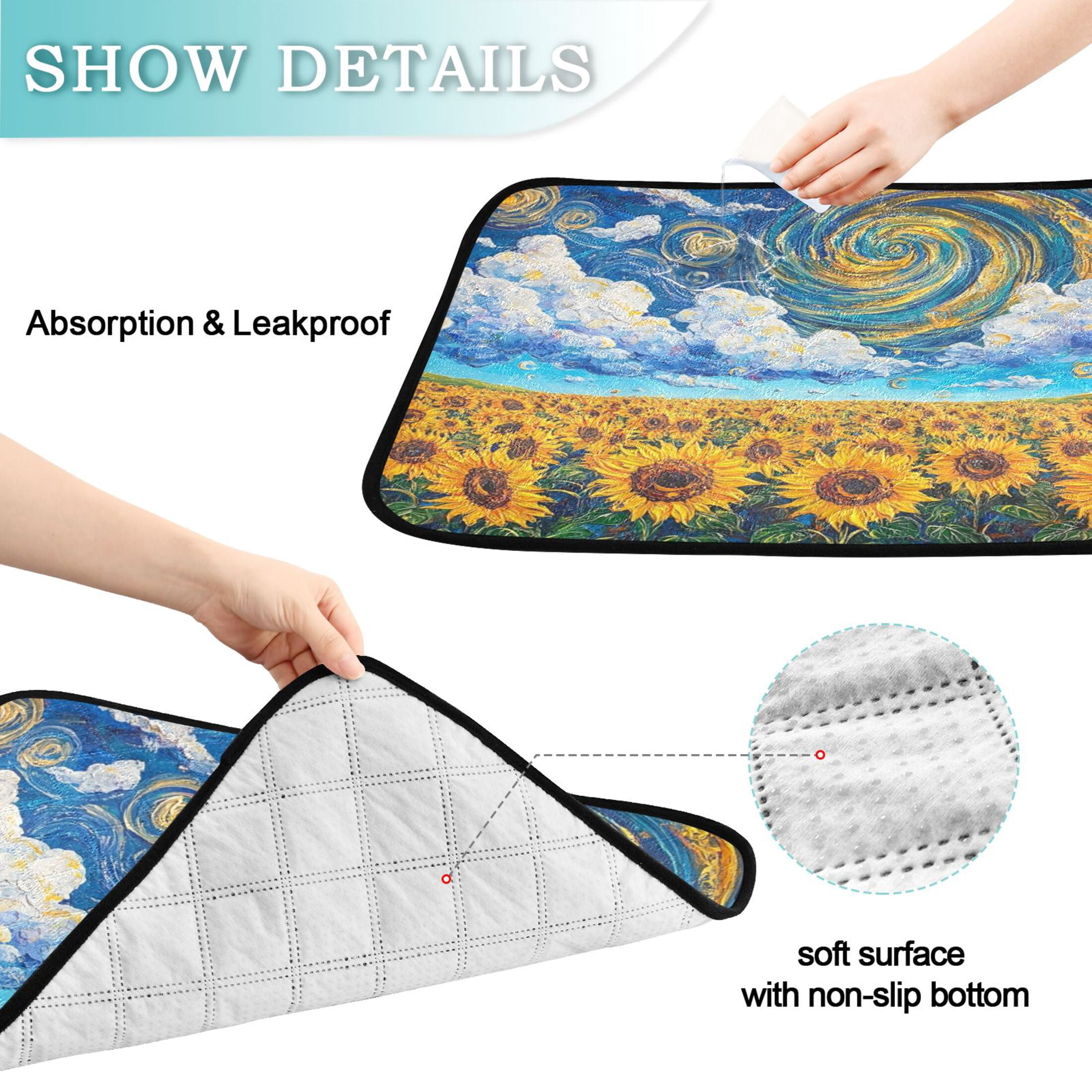 Qxltty Sunflower with Swirling Clouds Cat litter Pads Pet Set of 3 Diaper Mats Center Anti-leakage Layer Absorbent Soft and Comfortable