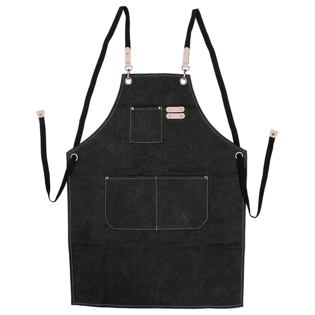 Delantal de lona de algodón Delantal ajustable con espalda cruzada Delantal de cocina con bolsillosNegro