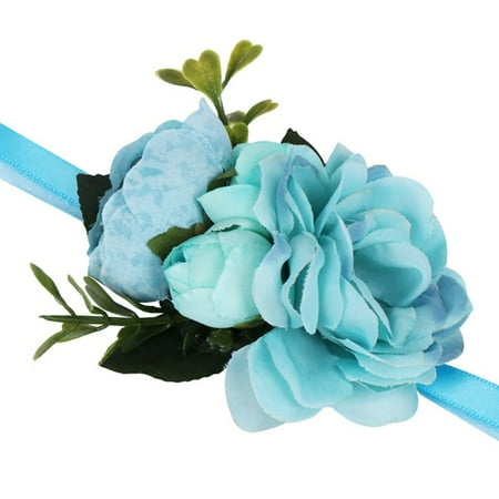AkoaDa Simulation Roses Wrist Corsage Wrist Flowers For Bridesmaids Flower Bracelet Pink Blue Bridal Sisters Wedding Decor
