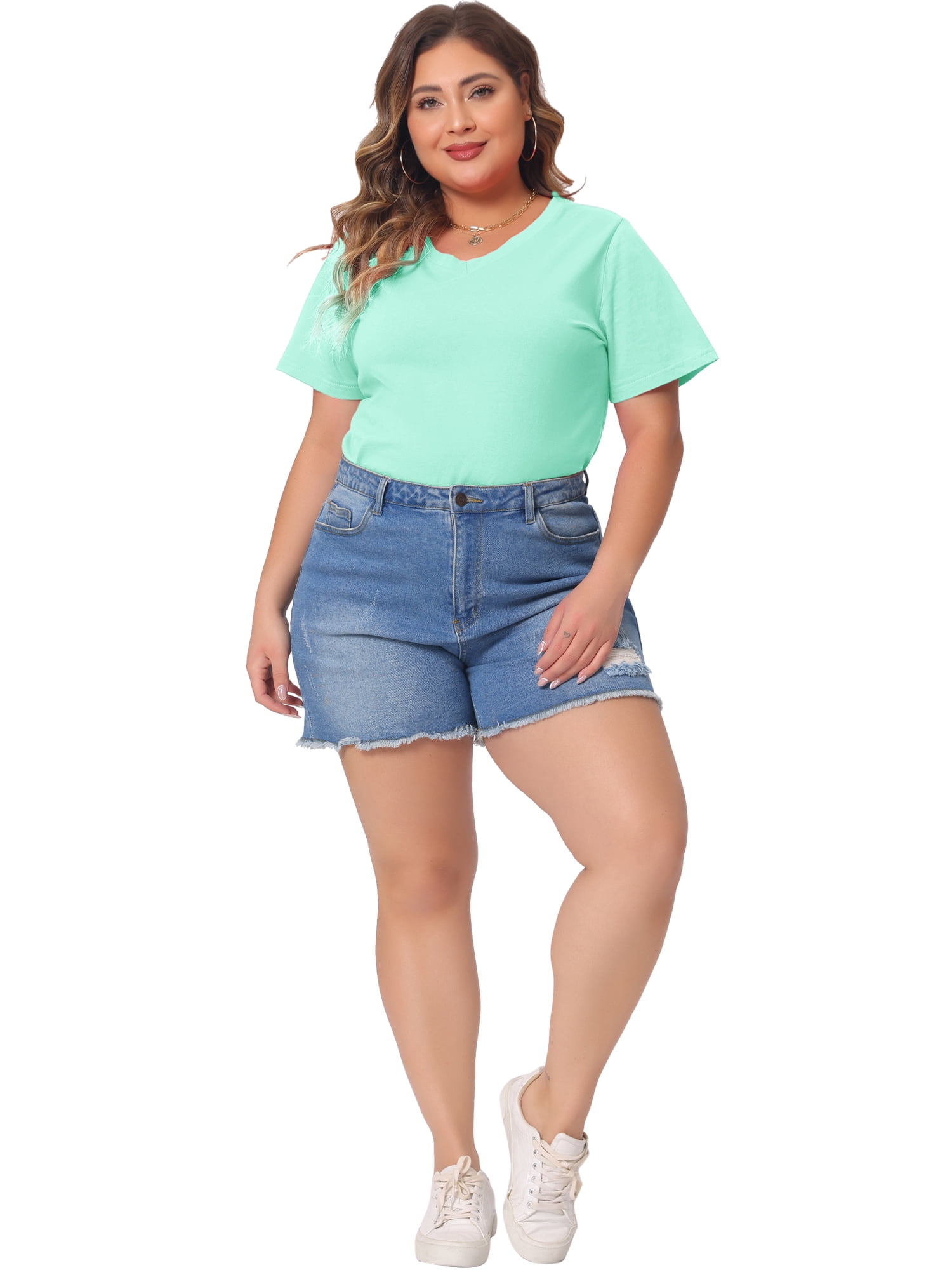 DARING DIVA Women's Plus Basic V Neck Short Sleeve Casual Tops T Shirts 1X Mint Blue