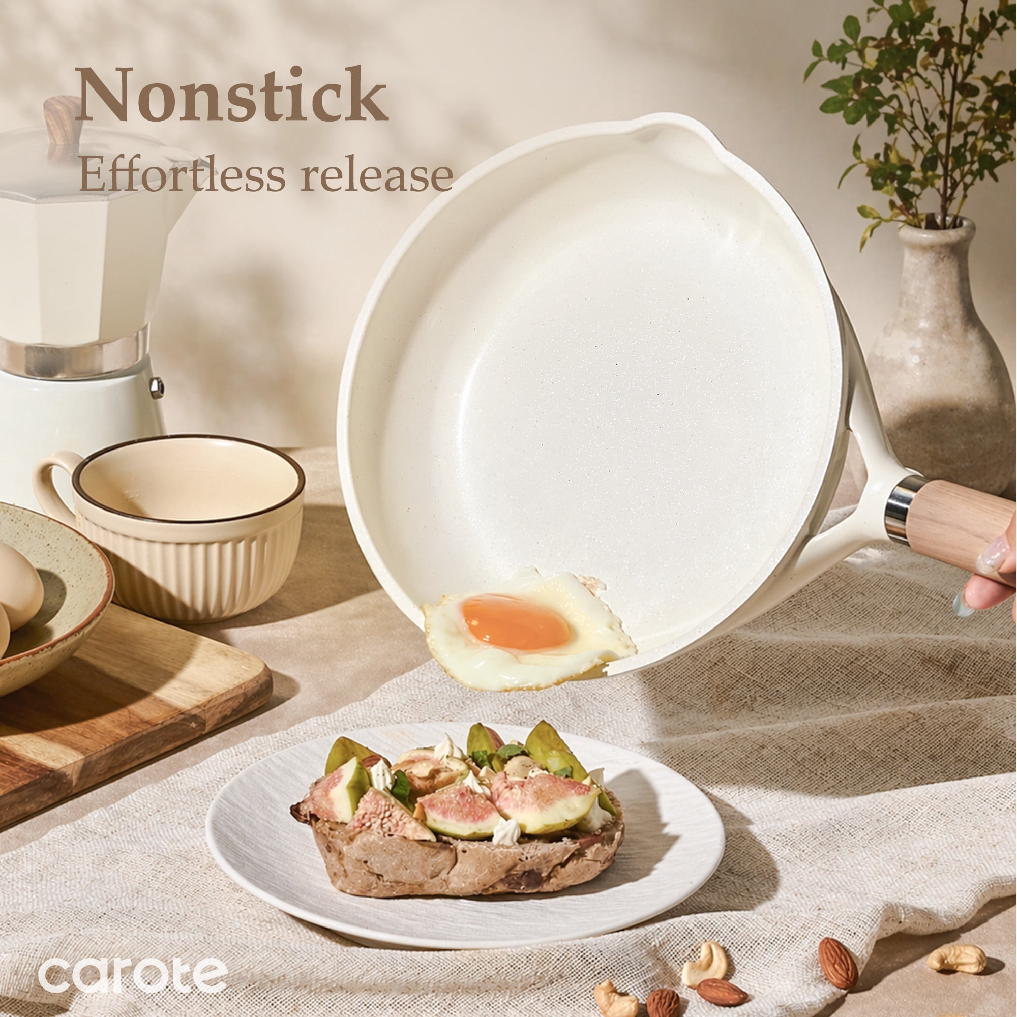 Carote Ceramic Nonstick Pots and Pans Set, 13 Pieces Kitchen Cookware Sets Compatible for All Stoves, White Granite