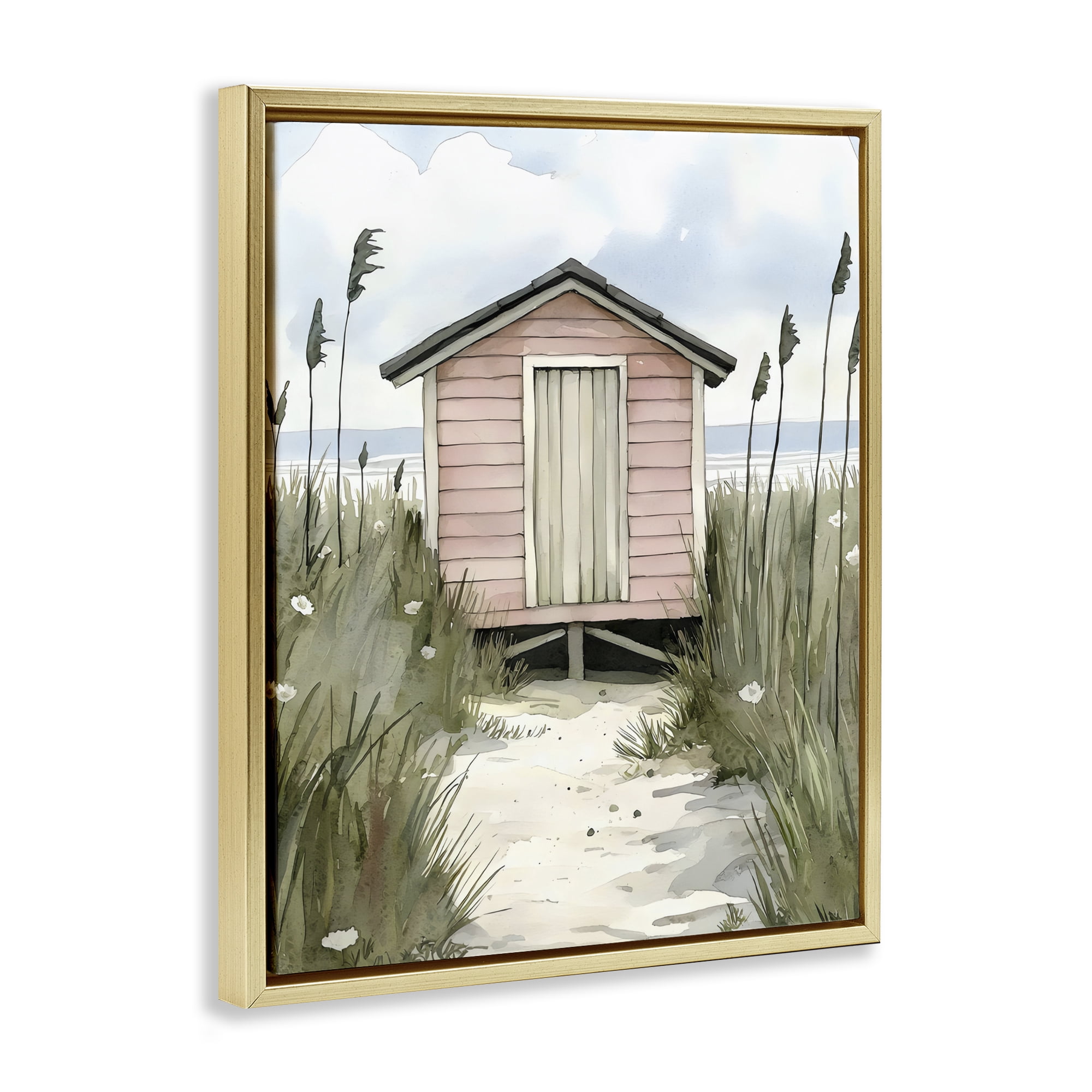 Stupell Industries Coastal Calm Pink Beach Hut Gold Framed Floater Canvas Wall Art, design by Riley B