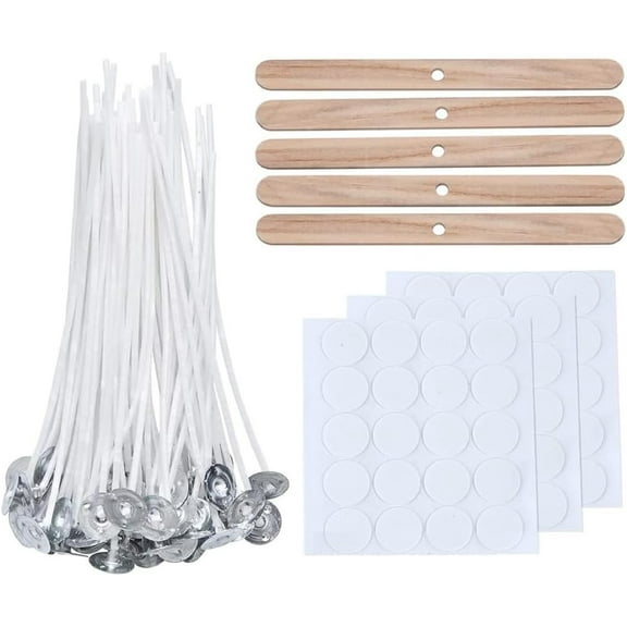 Monebena 100 Pcs 4" Bulk Candle Wicks with Candle Wick Stickers and Wooden Candle