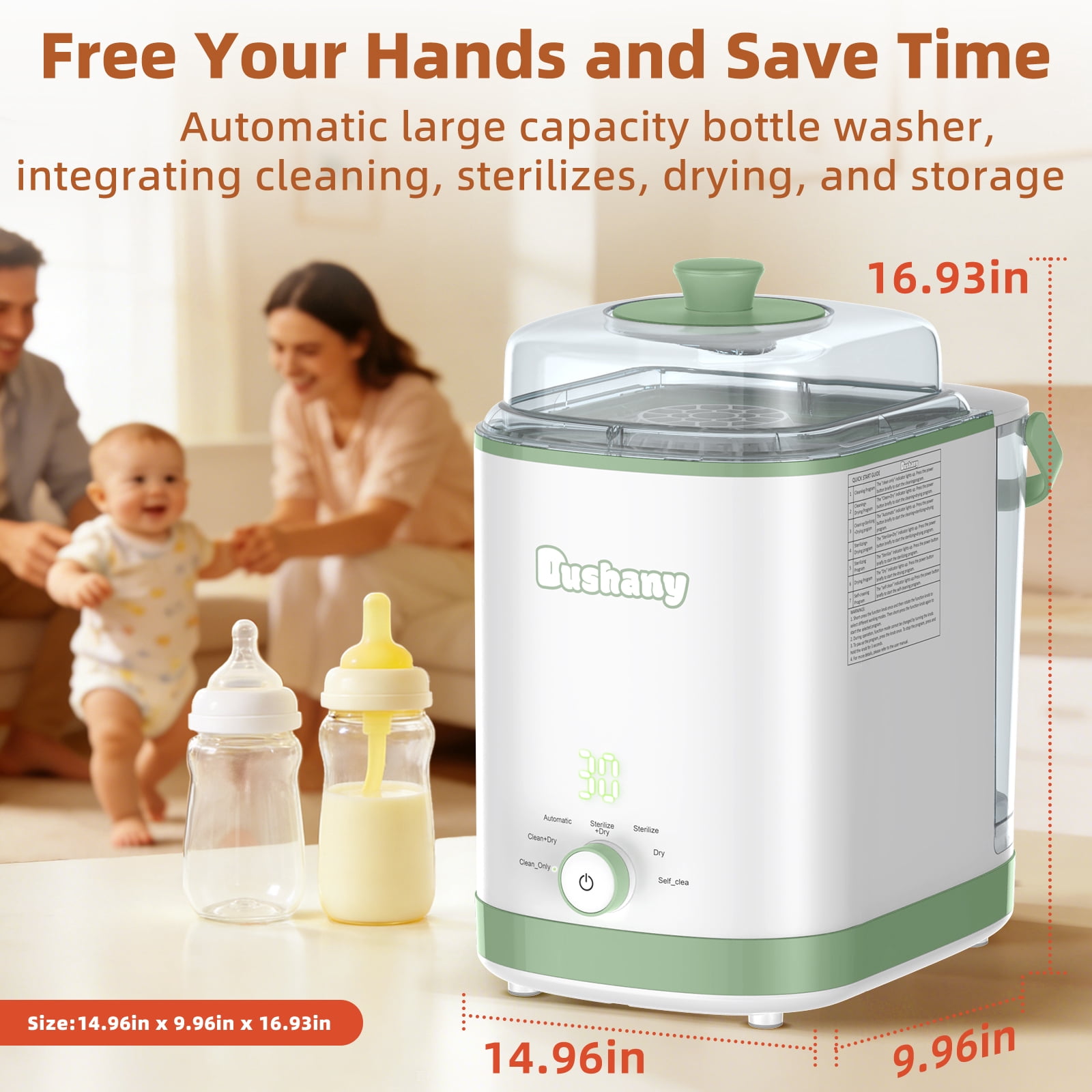 Dushany All-in-One Baby Bottle Washer Sterilizer Dryer, Countertop Machine for Bottles & Pump Parts, Replaces Hand Washing, White