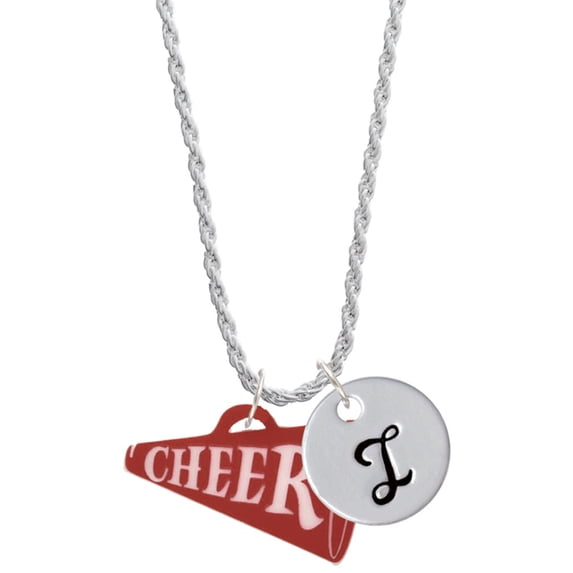 Delight Jewelry Acrylic 1.25" Maroon Cheer Megaphone Silvertone Script Initial Disc - I - Charm Necklace, 20"+3"