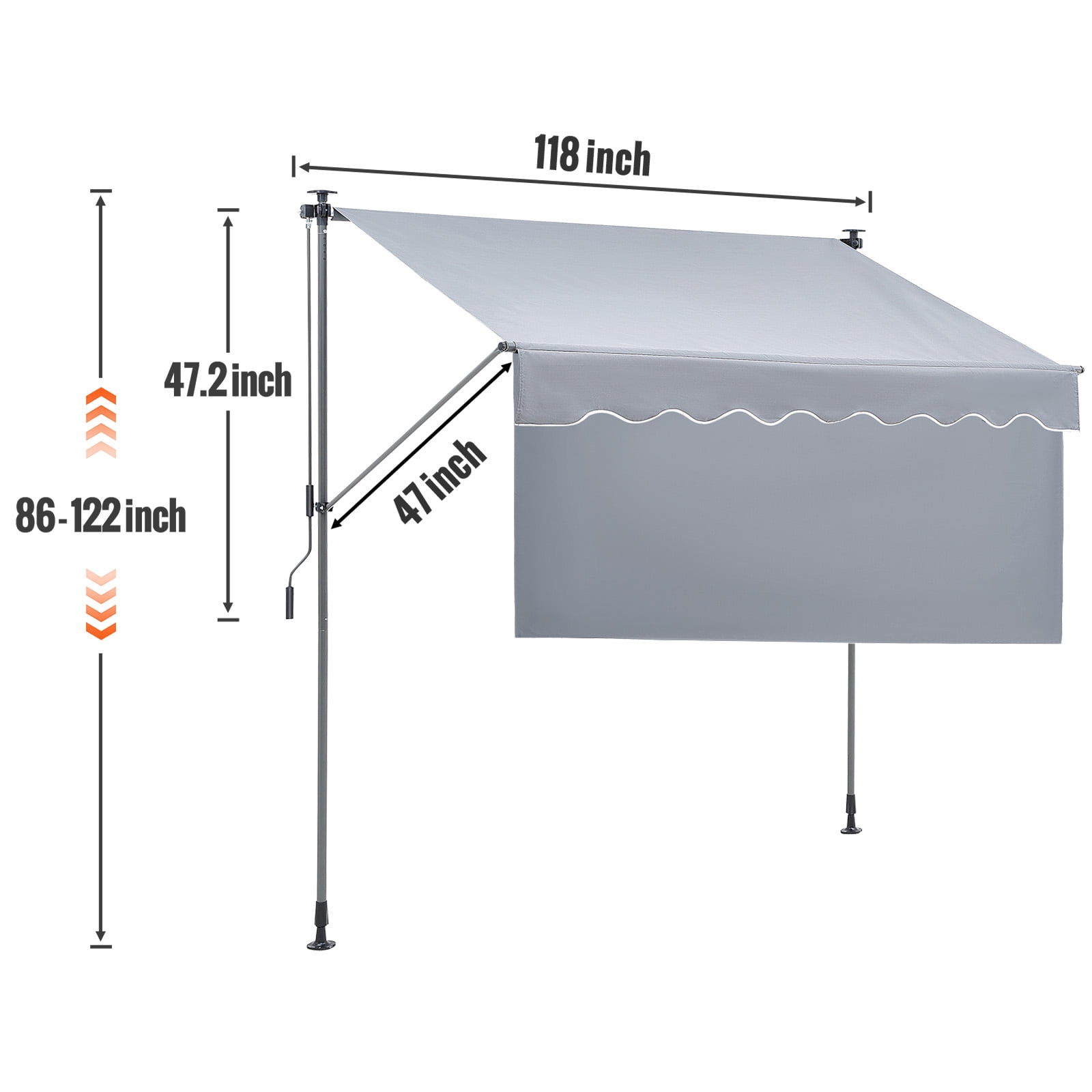 KFFKFF 118" x 47" Gray Manually Retractable Patio Awning, UV Resistant