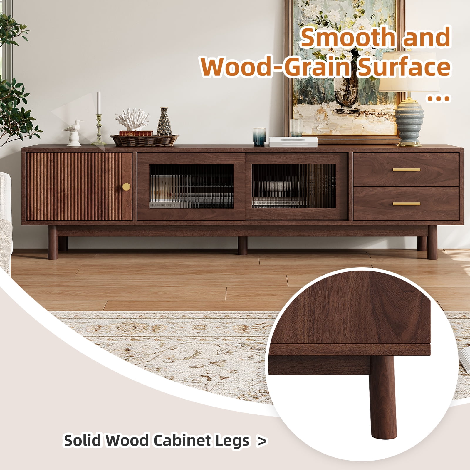 TV Stand for TVs up to 80 Inch, Entertainment Center with Glass Sliding Doors & 2 Drawers, Mid-Century Modern Media Console for Living Room
