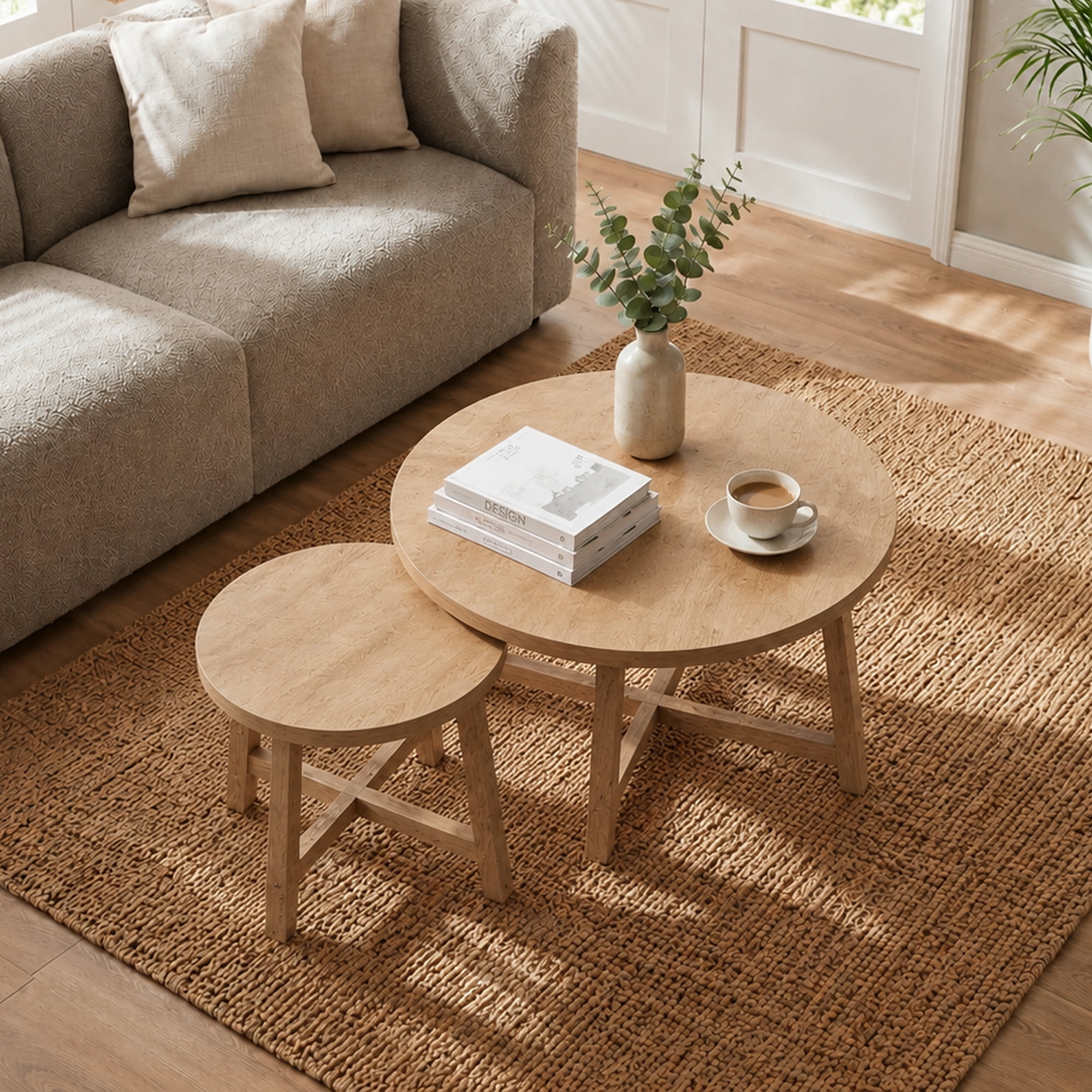 Leumius Nesting Coffee Tables Set of 2,Round Side Table Stackable End Tables,Wooden Accent Coffee Tables for Living Room Bedroom,Natural
