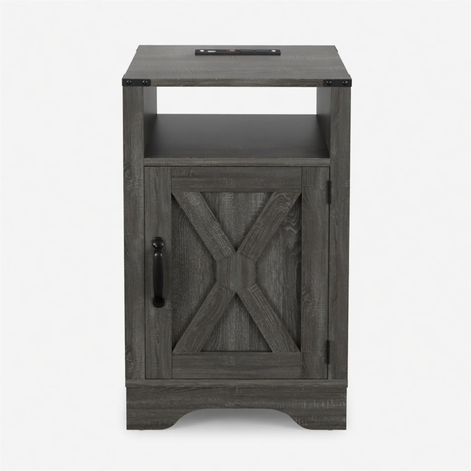 Hommoo 16"W Farmhouse Nightstand Sofa Side Table with Charging Station & Shelf Storage, Dark Gray