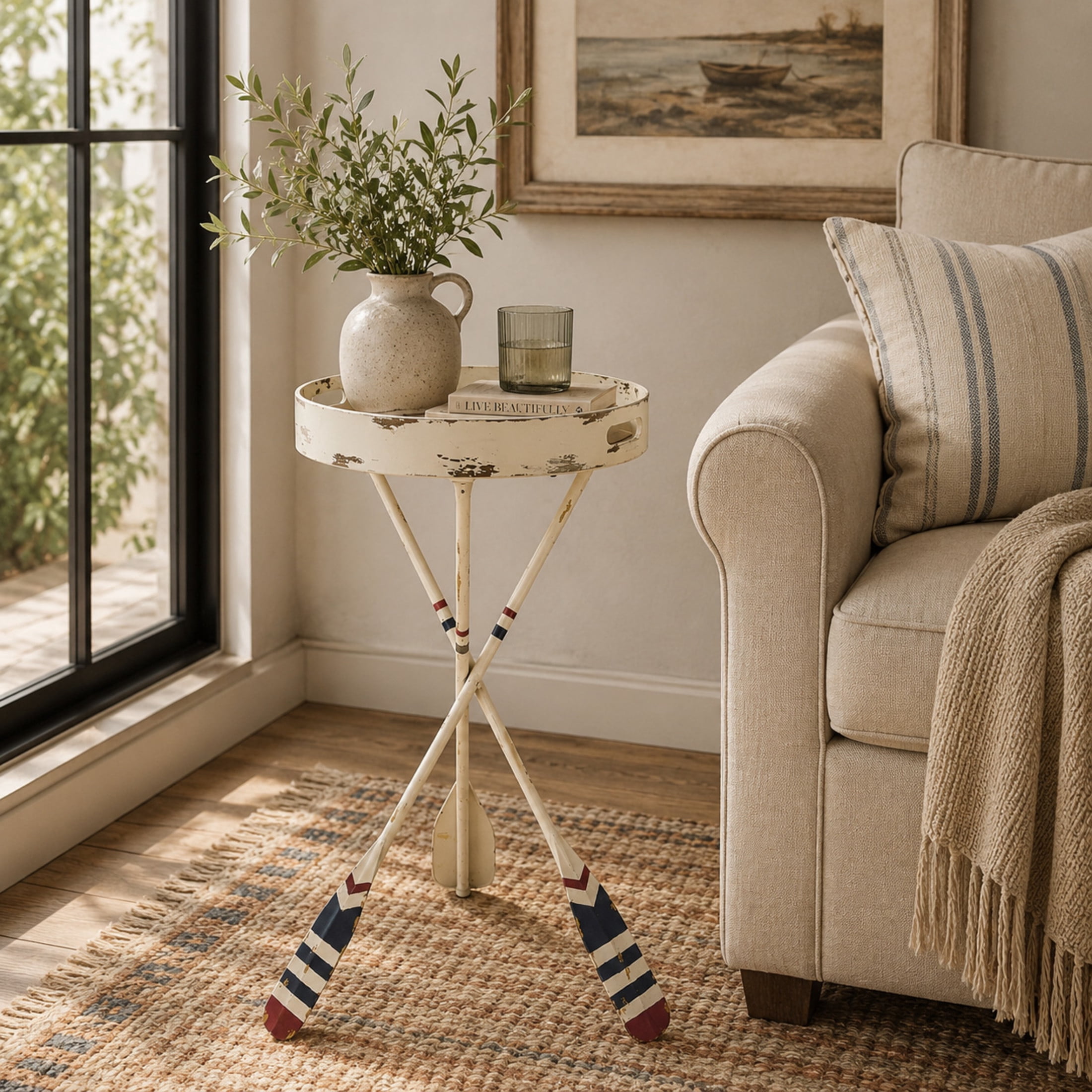 DecMode 16" x 28" White Metal Distressed Striped Paddle Accent Table with Navy and Red Striped Oar Legs, 1-Piece